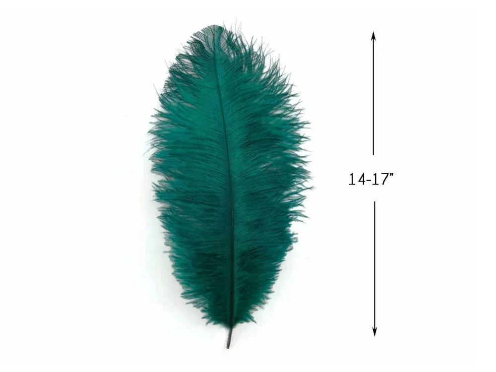 Large teal green feather for crafts and fashion decor, 14-17 inches long.