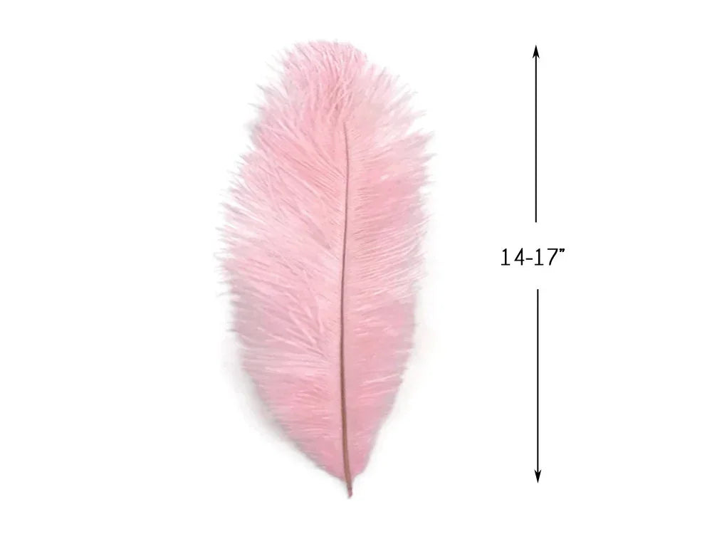 Soft pink ostrich feather for crafts and fashion, 14-17 inches long.
