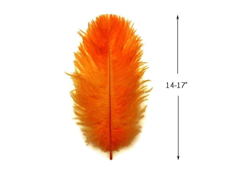 Vibrant orange craft feather, 14-17 inches long, for DIY fashion and decor.