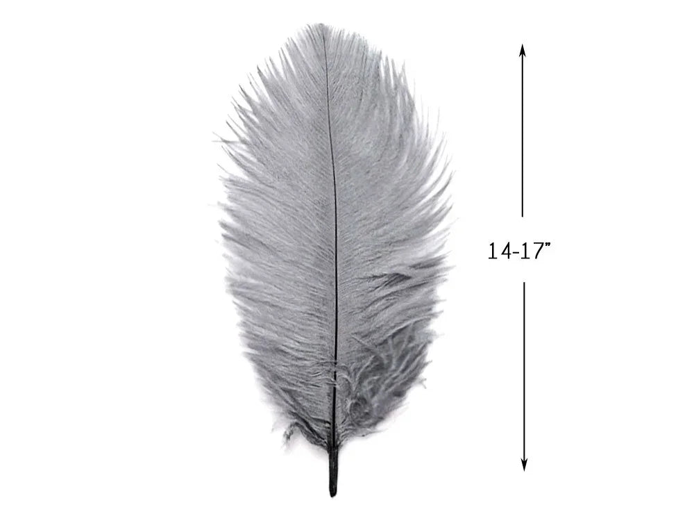 Large grey ostrich feather for crafts and fashion, 14-17 inches long