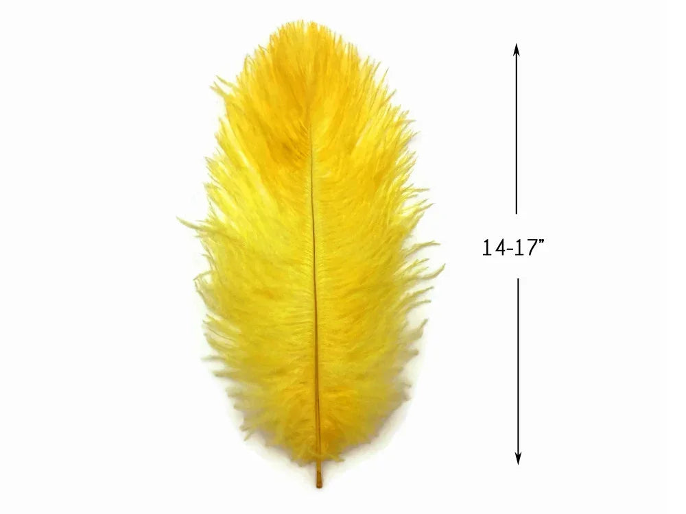 Large yellow ostrich feather for crafts and fashion, 14-17 inches long.