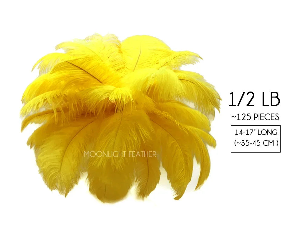 Bundle of 125 bright yellow ostrich feathers, 14-17 inches long, for DIY crafts and decor.