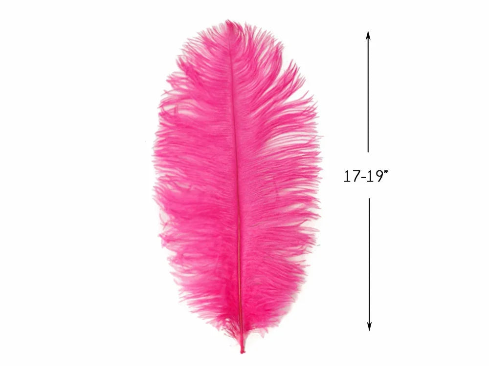 Vibrant pink ostrich feather for crafts and fashion decor, 17-19 inches long.