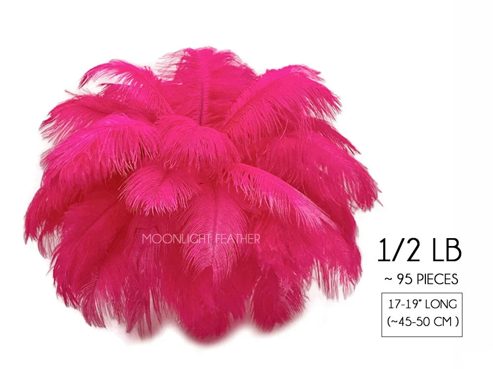 Vibrant pink ostrich feathers for crafts and fashion decor, 95 pieces pack.