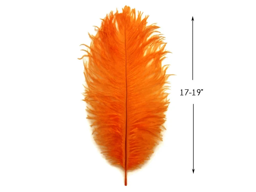 Vibrant orange craft feather, 17-19 inches long, for DIY fashion and decor.