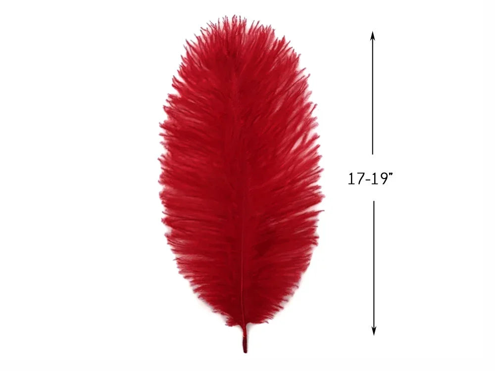 Large vibrant red feather for crafts and fashion decor, 17-19 inches long.