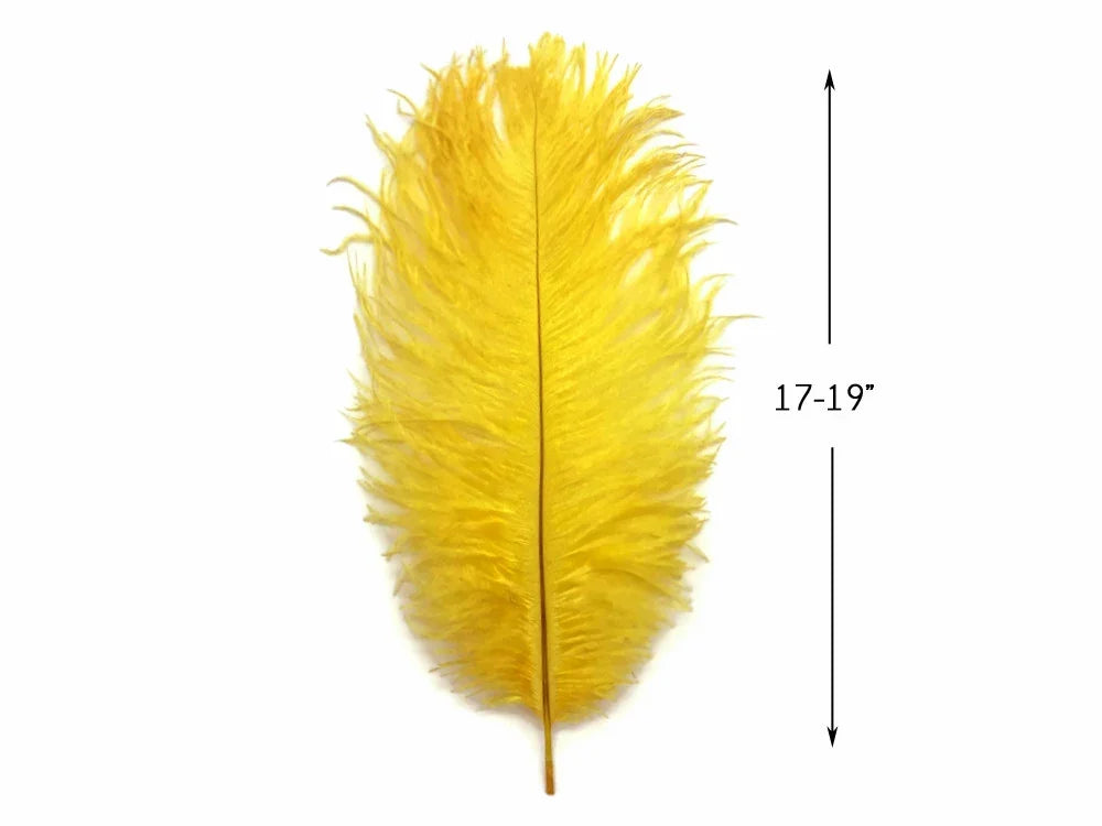 Large bright yellow ostrich feather for crafts and decor, 17-19 inches long