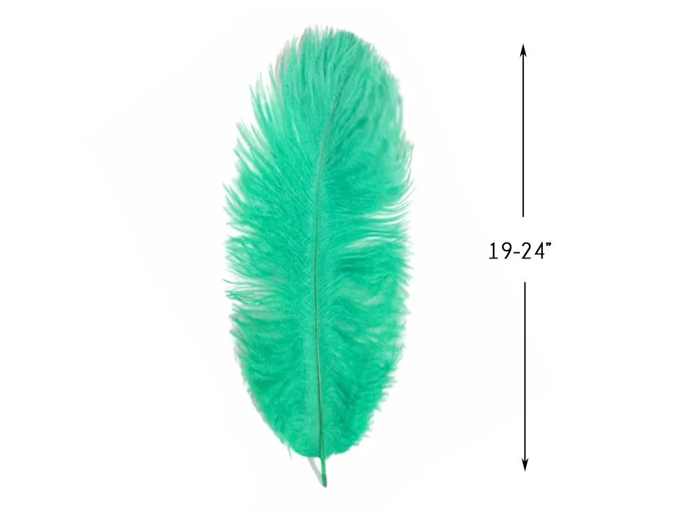 Large teal green craft feather, 19-24 inches long for DIY fashion and decor.
