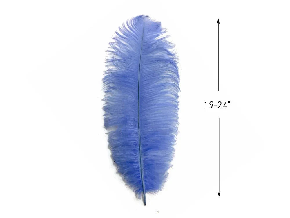 Single large blue ostrich feather for crafts and fashion, 19-24 inches long.