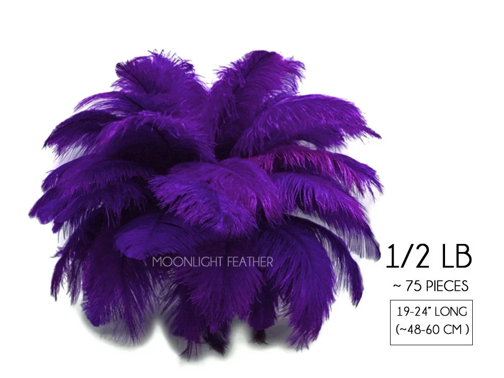 Bundle of 75 vibrant purple ostrich feathers, 19-24 inches long, for crafts and fashion DIY.
