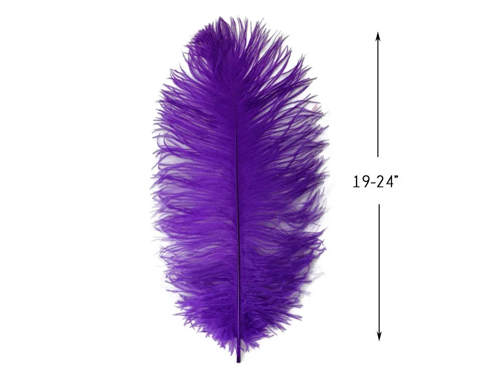 Large vibrant purple feather for crafts and fashion, 19-24 inches long.