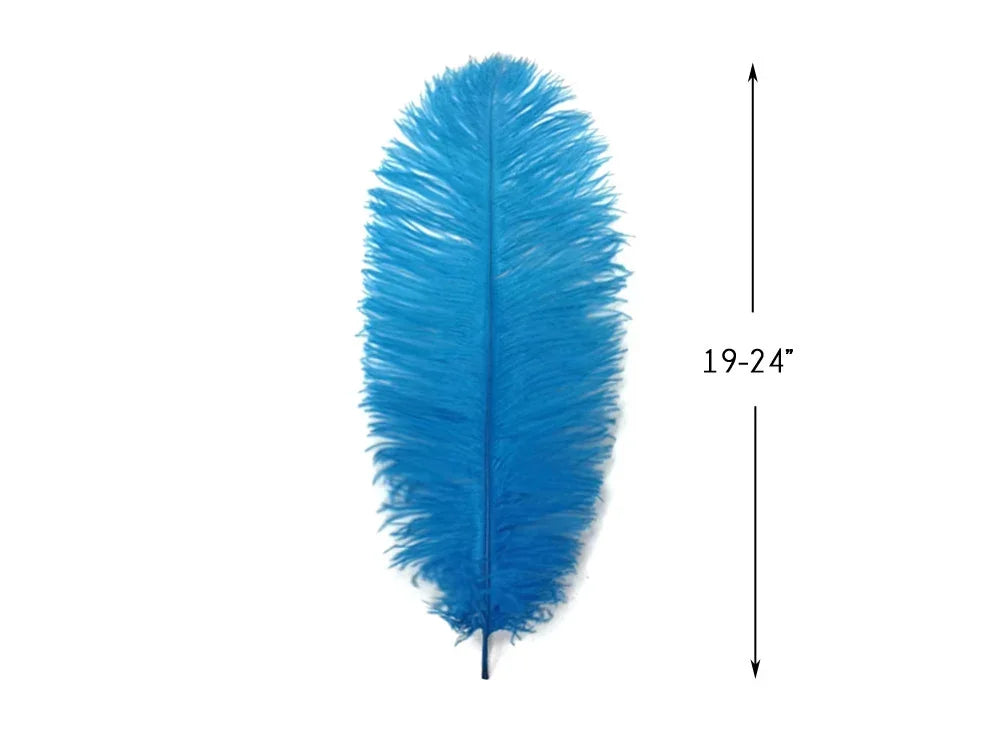 Vibrant blue ostrich feather for crafts and fashion, 19-24 inches long.