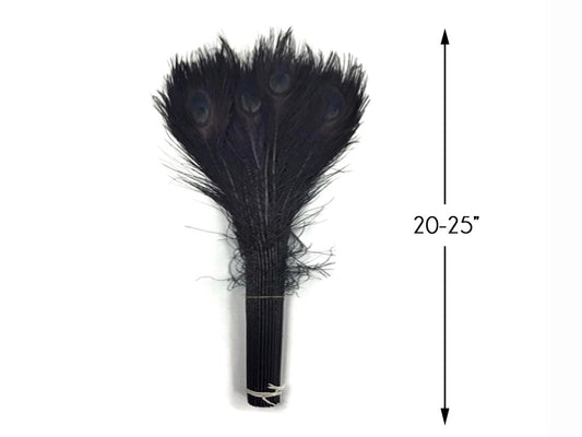 50 Pieces - 20-25" Black Bleached & Dyed Peacock Tail Eye Wholesale Feathers (Bulk)