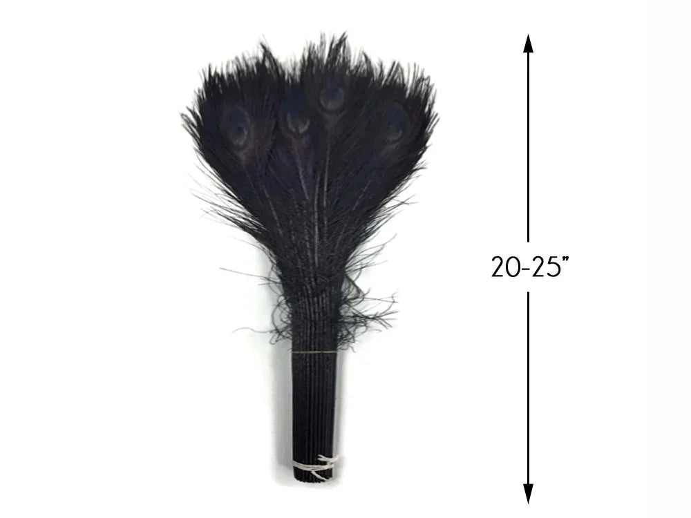 Bundle of 20-25 inch long black peacock feathers for crafts and fashion decor.