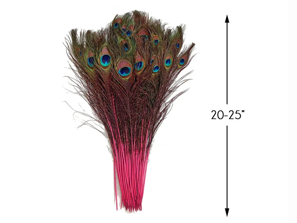 Bunch of 20-25 inch peacock feathers with vibrant pink stems for DIY crafts and decor.