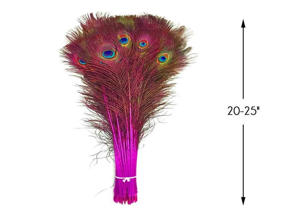 Bundle of vibrant pink dyed peacock feathers, 20-25 inches long for crafts and decor.