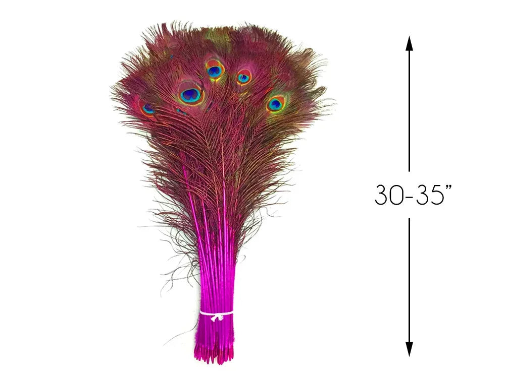 Bundle of long iridescent peacock feathers for crafts and decor, 30-35 inches in length.