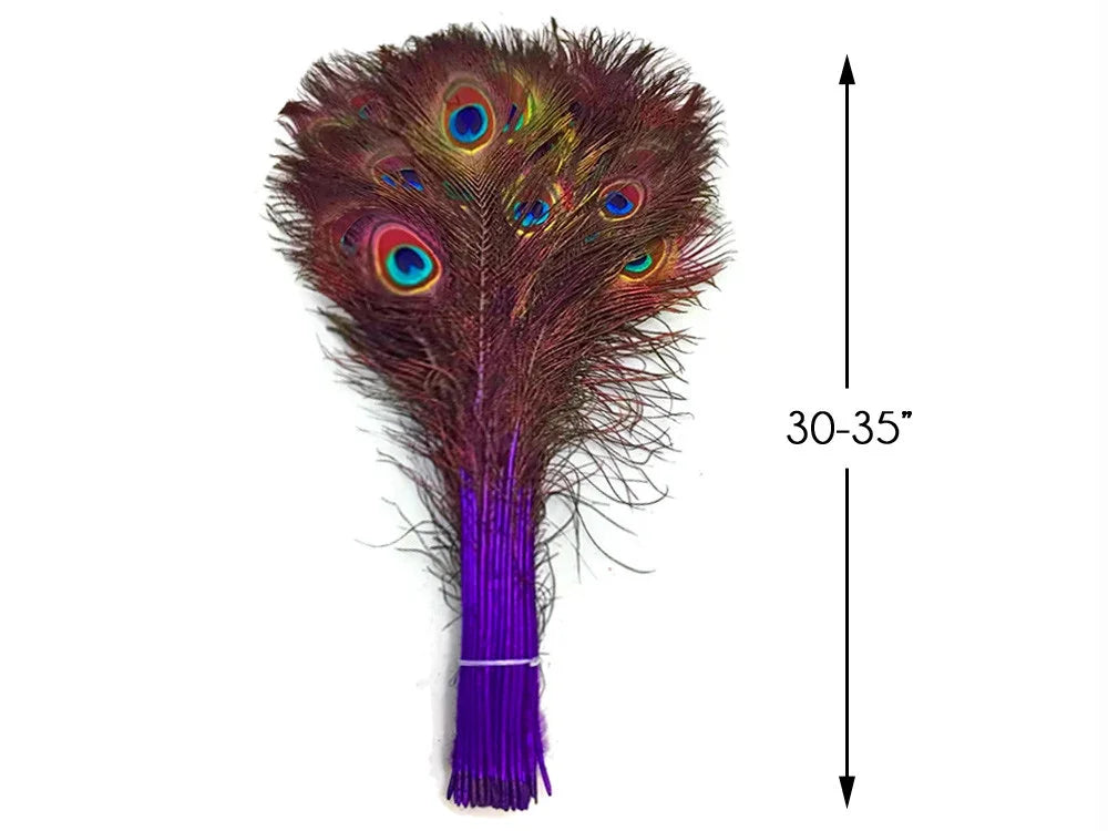 Large bundle of iridescent peacock feathers, 30-35 inches long for crafts and decor.