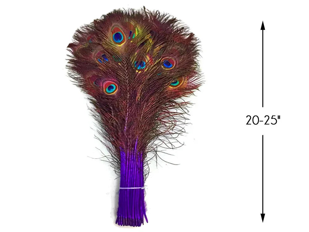 Bundle of 20-25 inch iridescent peacock feathers with vibrant eye patterns.