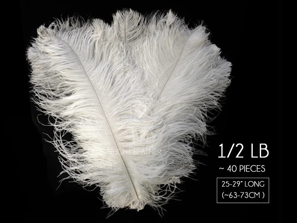 Large white ostrich feathers for crafts and decor, 40 pieces, 25-29 inches long.
