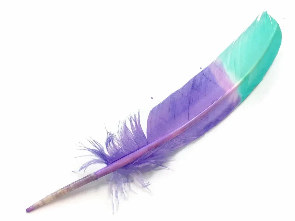 Vibrant purple and turquoise dyed craft feather for DIY fashion and decor