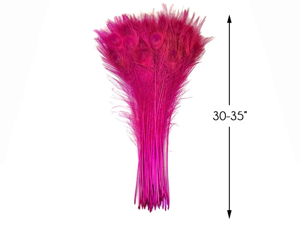 Vibrant pink dyed peacock feathers, 30-35 inches long, for DIY crafts and fashion decor.