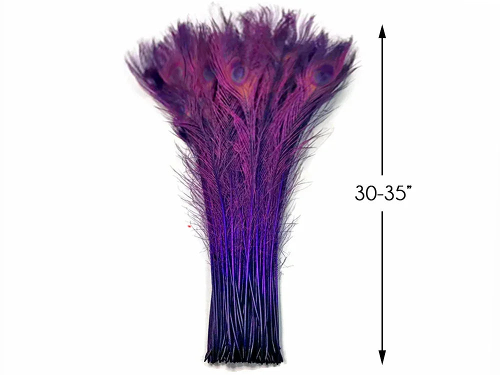 Bundle of vibrant purple peacock feathers, 30-35 inches long for DIY crafts and decor.