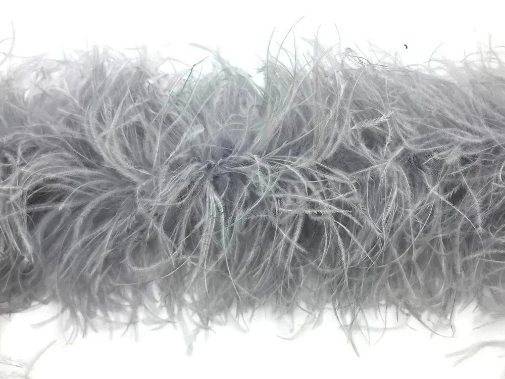 Soft grey ostrich feather boa for fashion, crafts, and DIY décor accessories.