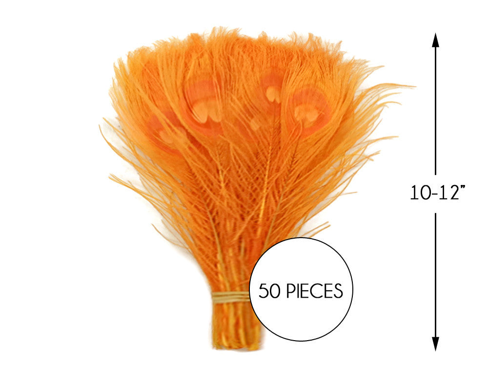 50 Pieces – Orange Bleached & Dyed Peacock Tail Eye Wholesale Feathers (Bulk) 10-12” Long