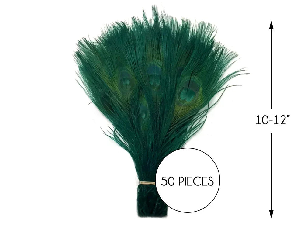 Bundle of 50 green peacock feathers, 10-12 inches long for crafts and decor.