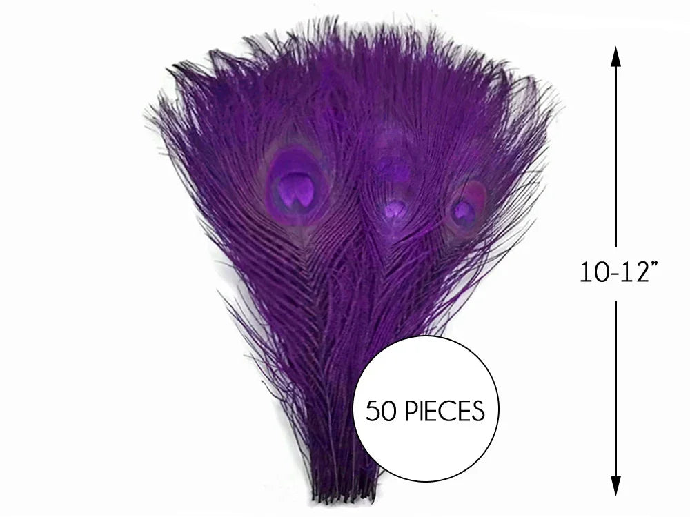 50 pieces of 10-12 inch vibrant purple dyed peacock feathers for crafts and decor.