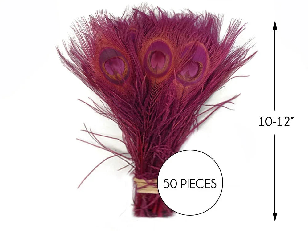 50 pieces of 10-12 inch dyed magenta peacock feathers for crafts and DIY decor.