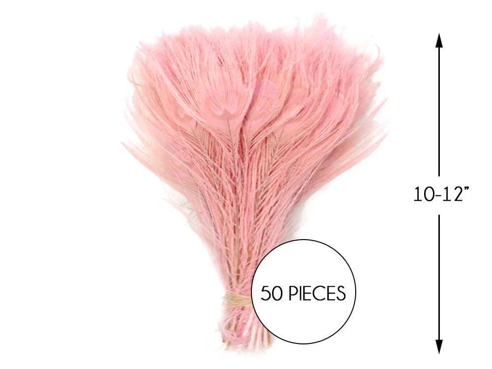 Bundle of 50 pink craft feathers, 10-12 inches long for DIY fashion and decor.