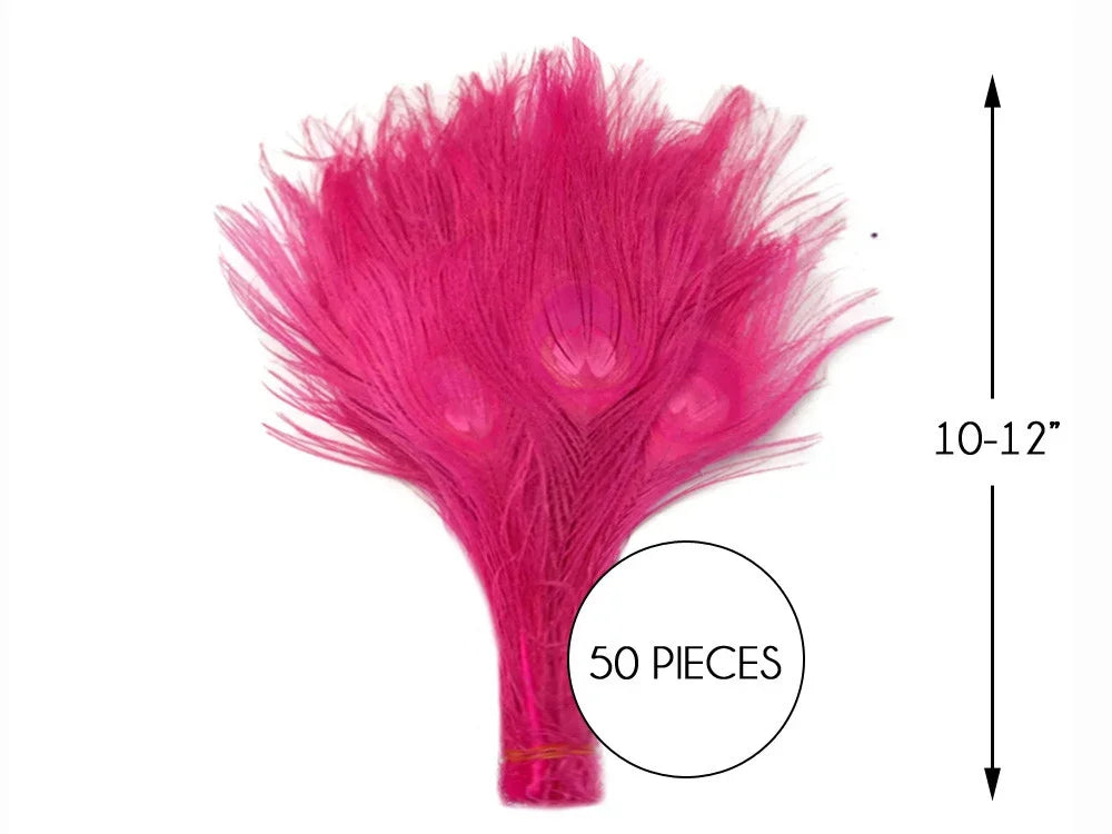 50 pieces of vibrant pink peacock feathers, 10-12 inches long, for crafts and fashion DIY.