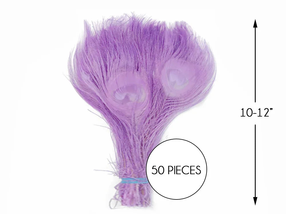 50 pieces of 10-12 inch purple peacock feathers for crafts and fashion décor.