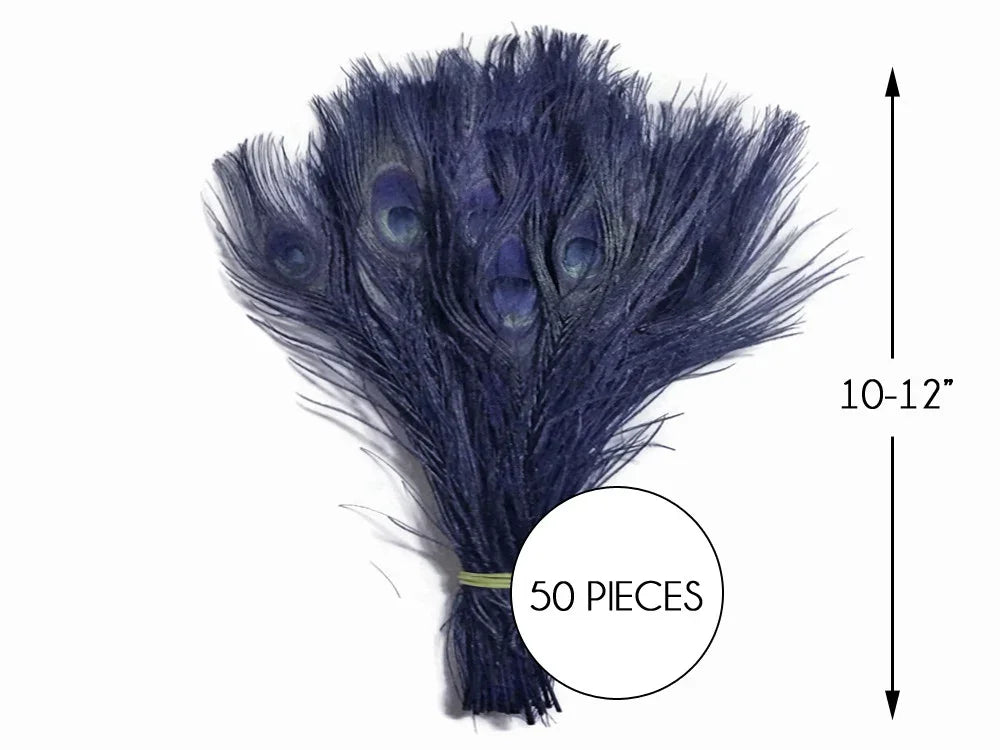 Bundle of 50 deep blue peacock feathers, 10-12 inches long for crafts and DIY decor.