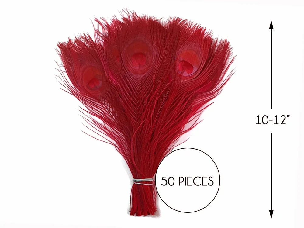 Bundle of 50 red dyed peacock feathers, 10-12 inches long for crafts and fashion DIY.