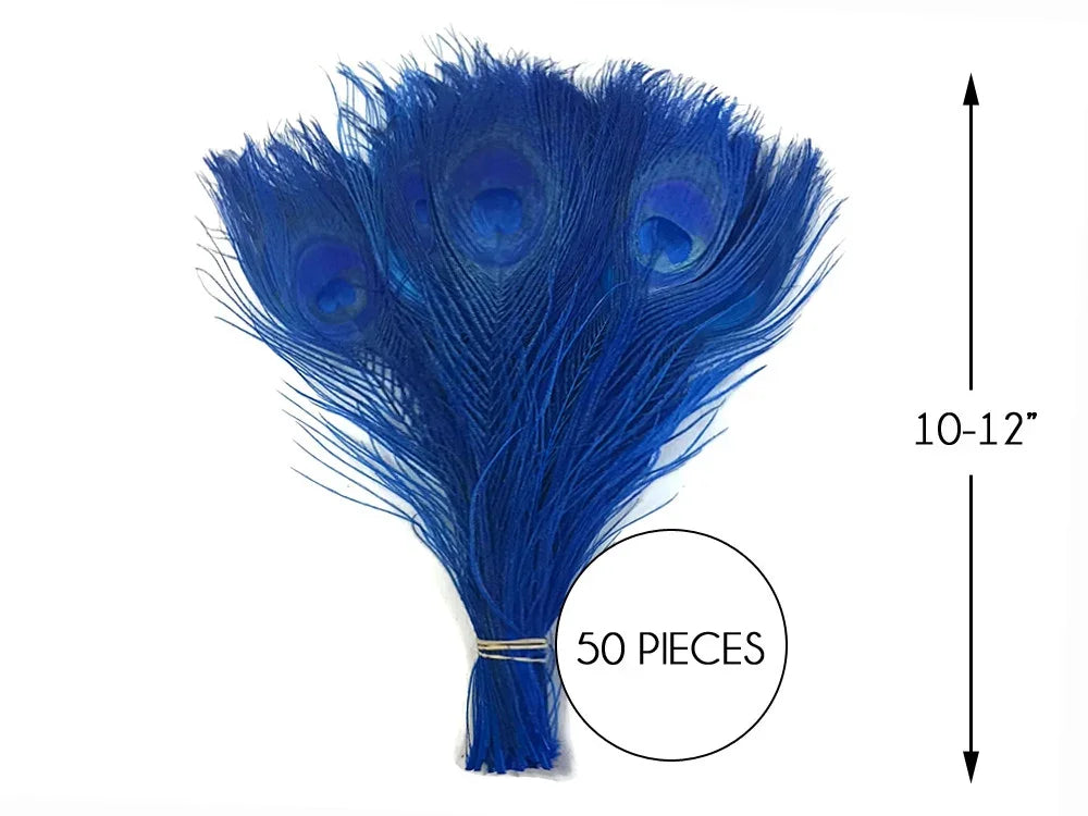 Bundle of 50 vibrant blue peacock feathers, 10-12 inches long for crafts and fashion.