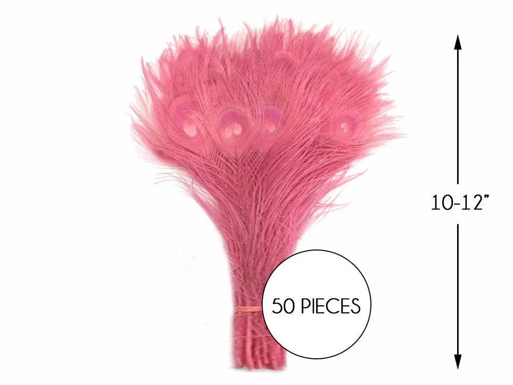 50 pieces of pink peacock feathers, 10-12 inches long for crafts and fashion decor.