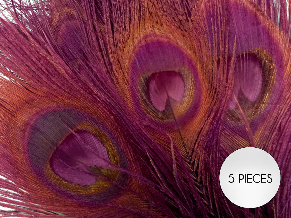 5 Pieces – Burgundy Bleached & Dyed Peacock Tail Eye Feathers 10-12” Long