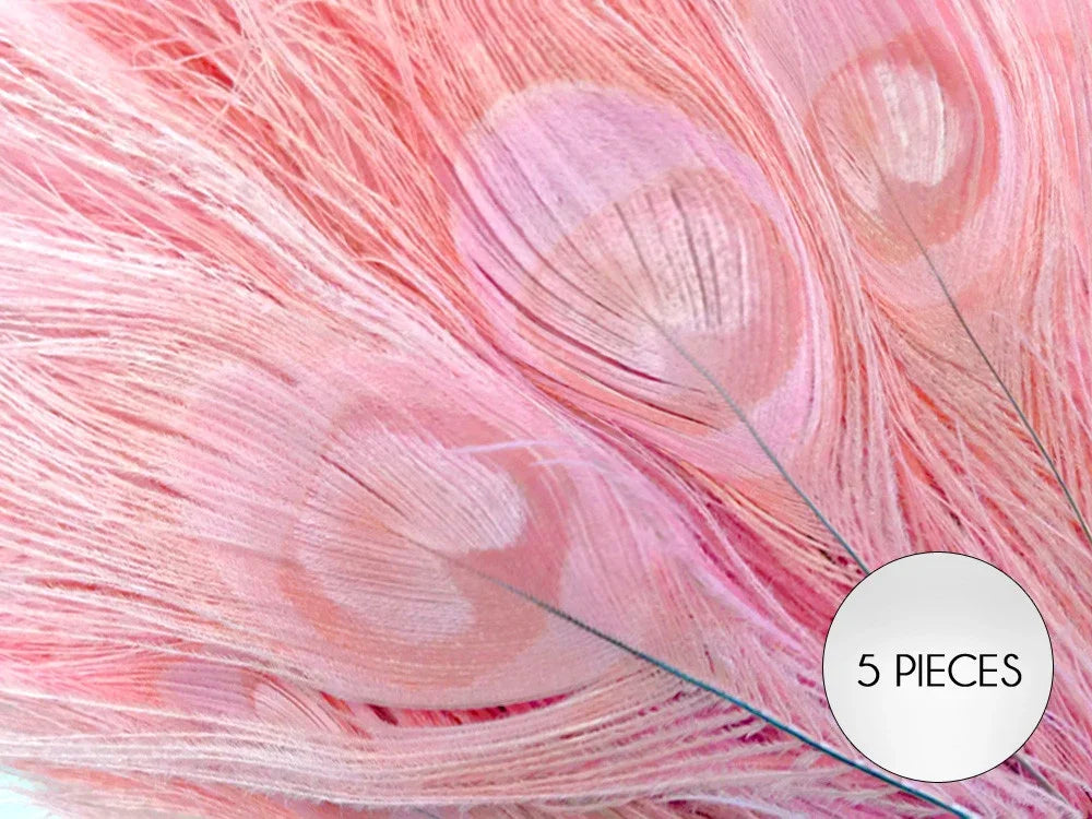 Set of 5 pink peacock feathers for DIY crafts and fashion decor.