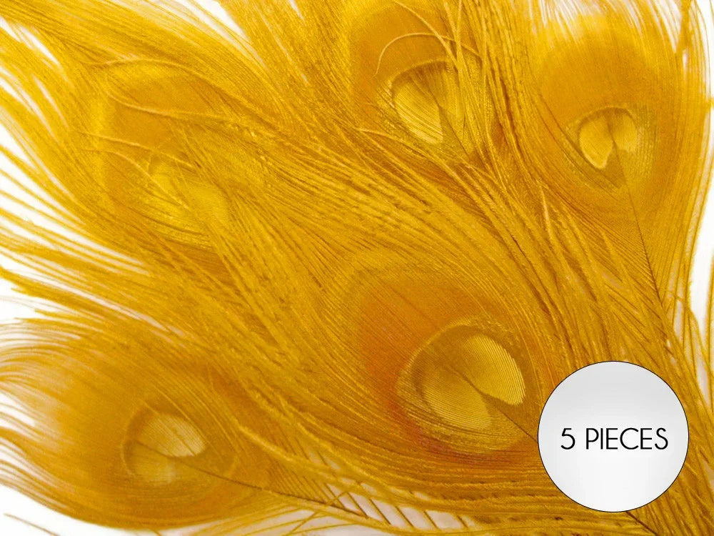 Set of 5 vibrant gold dyed peacock feathers for crafts and fashion decor.