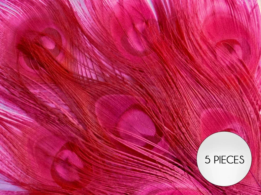 Set of 5 vibrant pink dyed peacock feathers for fashion and DIY crafts