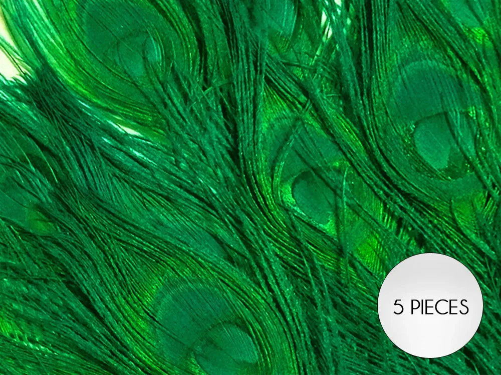 Set of 5 vibrant green dyed peacock feathers for crafts and fashion decor.