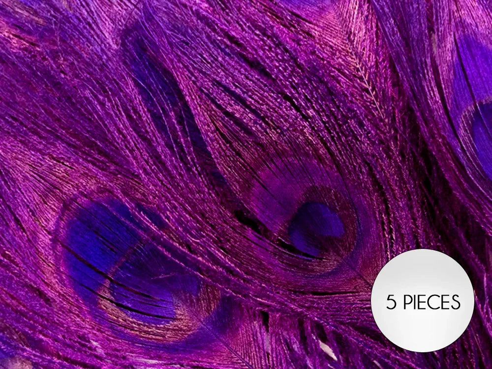 Set of 5 vibrant purple dyed peacock feathers for crafts and fashion décor.