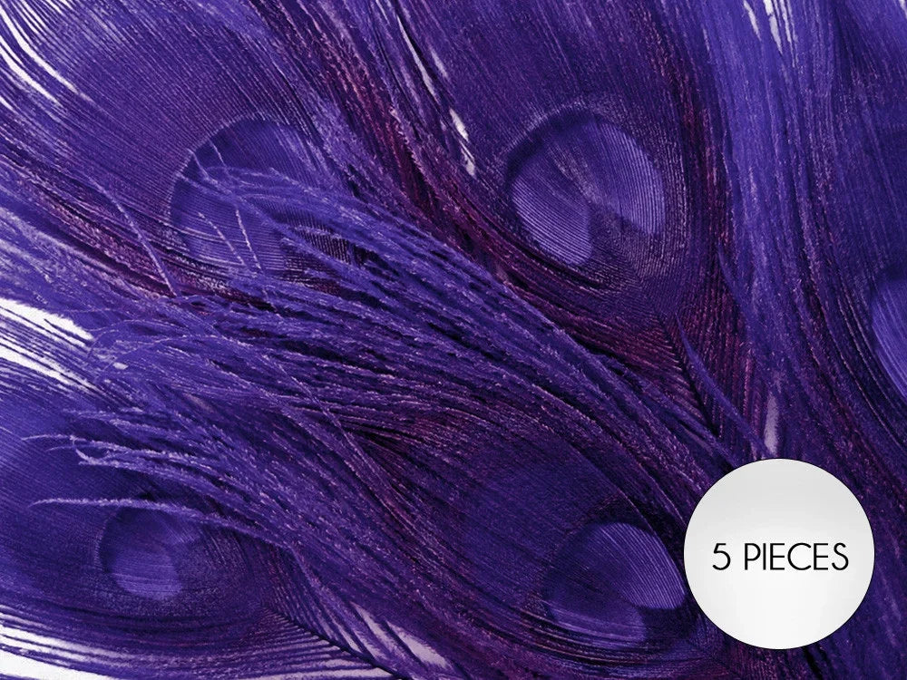 Set of 5 vibrant purple peacock feathers for DIY crafts and fashion décor