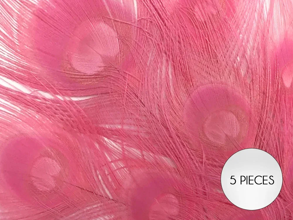 Set of 5 vibrant pink peacock feathers for DIY crafts and fashion decor.