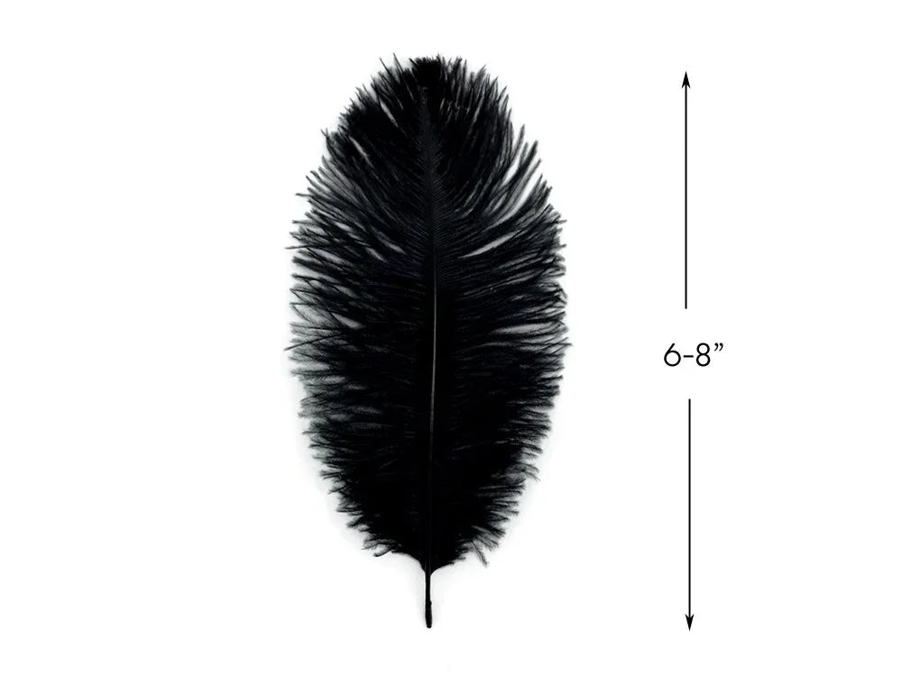 Single black decorative feather for crafts and fashion, 6-8 inches in length.