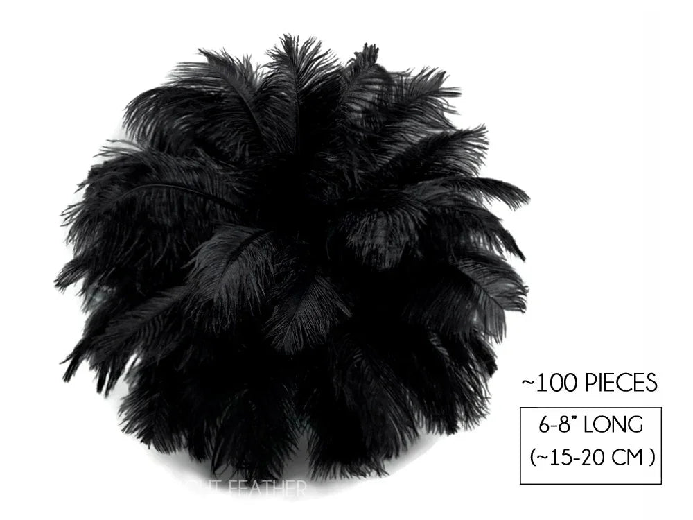 Bundle of 100 black ostrich feathers, 6-8 inches long, for DIY crafts and fashion decor.