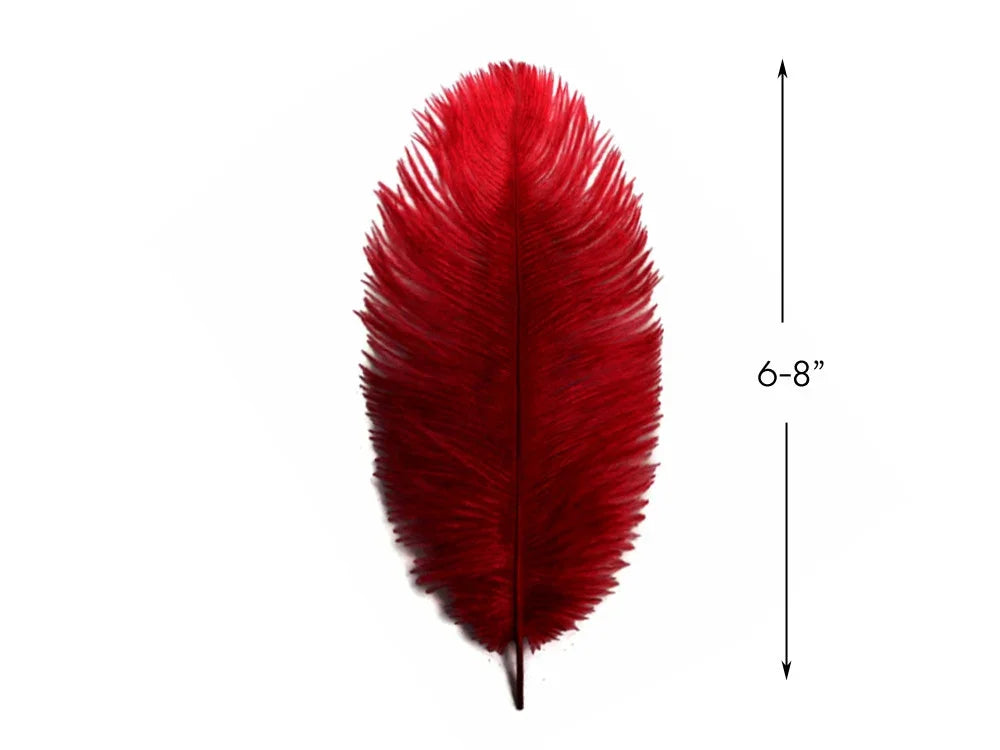 Vibrant red craft feather, 6-8 inches long, for DIY fashion and decor.